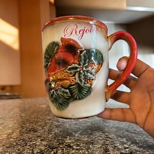 Vtg Tii Handcrafted Ceramic Pottery Red Cardinal Holly Pine Coffee Tea Cup Mug